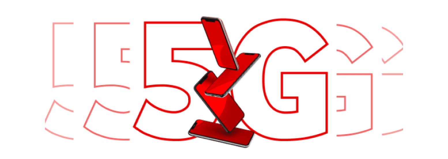 Logo 5G con unos móviles apilados y un sello de calidad