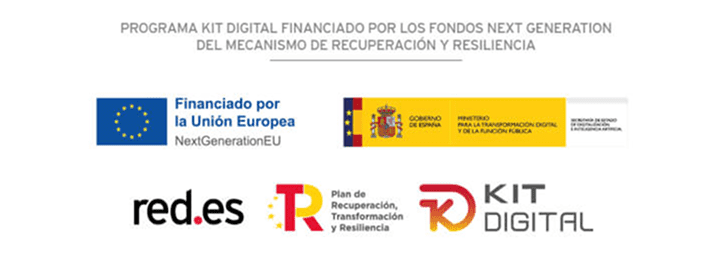 Programa Kit Digital financiado por los fondos next generation del mecanismo de recuperación y resiliencia. Logos de la Unión Europea, del gobierno de España, de red.es, de Plan re Recuperación, Transformación y Resiliencia y Kit Digital