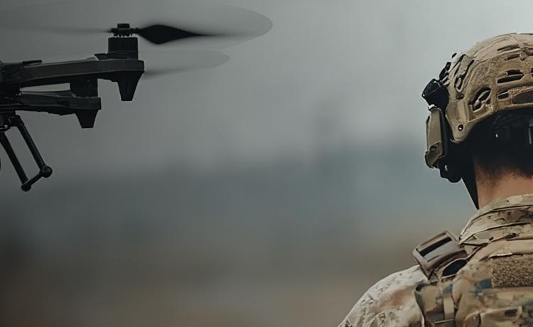 un soldado manejando un dron