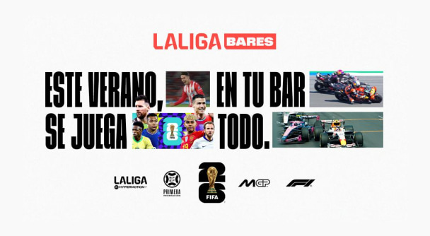 Cartel promocional de LaLiga Bar con imágenes de fútbol, MotoGP y Fórmula 1 y el texto: