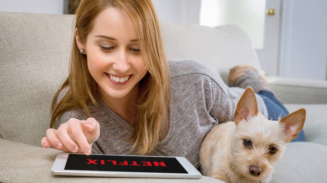 una chica y su perro con una tablet