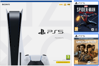 PlayStation PS5 stand con Spiderman Miles Morales y Uncharted Legado de los Ladrones
