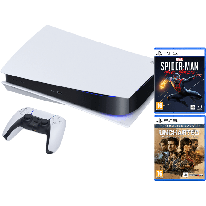 PS5 stand con spiderman miles morales y uncharted legado de los ladrones