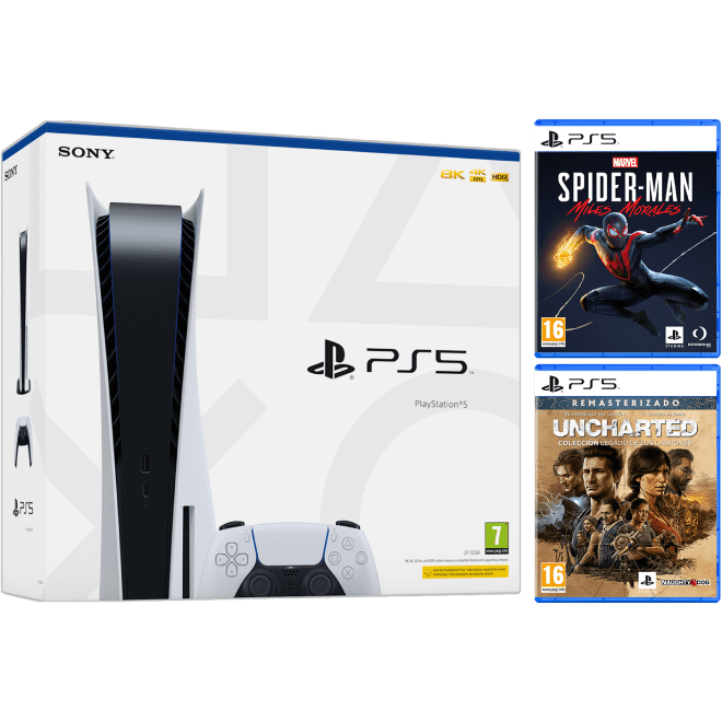 PS5 stand con spiderman miles morales y uncharted legado de los ladrones